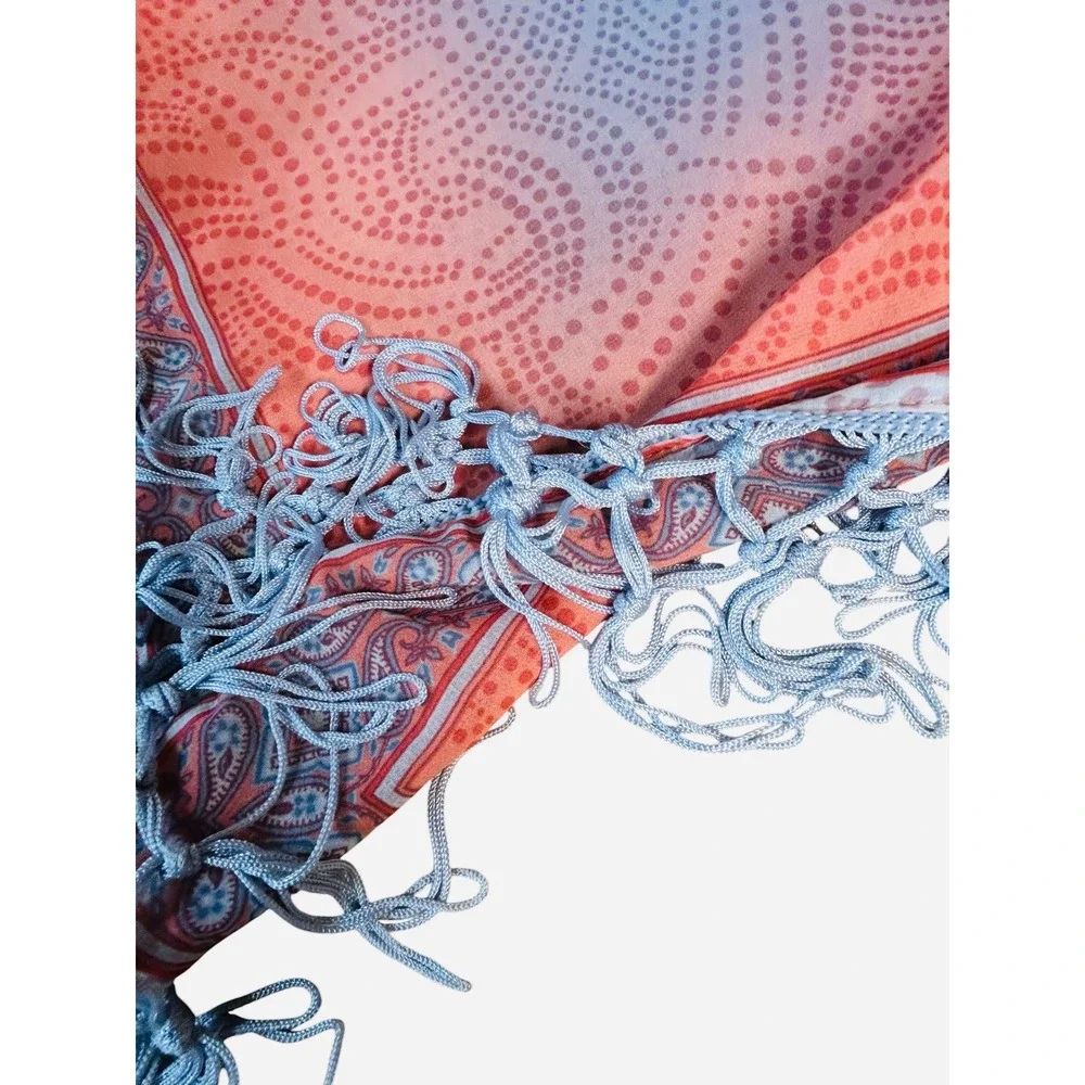 Unbranded Blue Peach‎ Ombre Paisley Fringe Triangle Scarf One Size